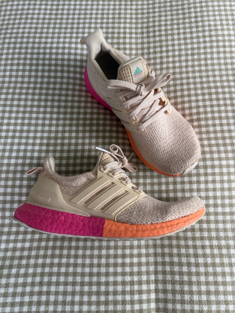 adidas ultra boost Beige Knit Running Sneakers with Pink & Orange Midsole